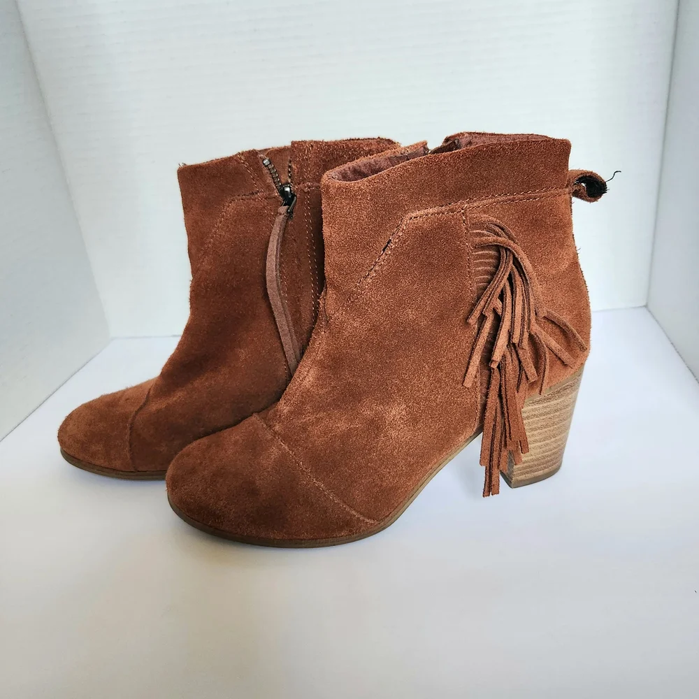 Toms Fringe Suede Ankle Boots - Brown Rust Pumpkin Womens 7.5